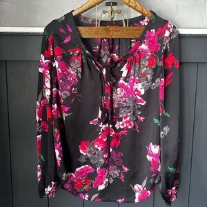 KIRNA ZABETE for Target Black Pink Floral Satin Long Sleeves Neck Tie Blouse XS
